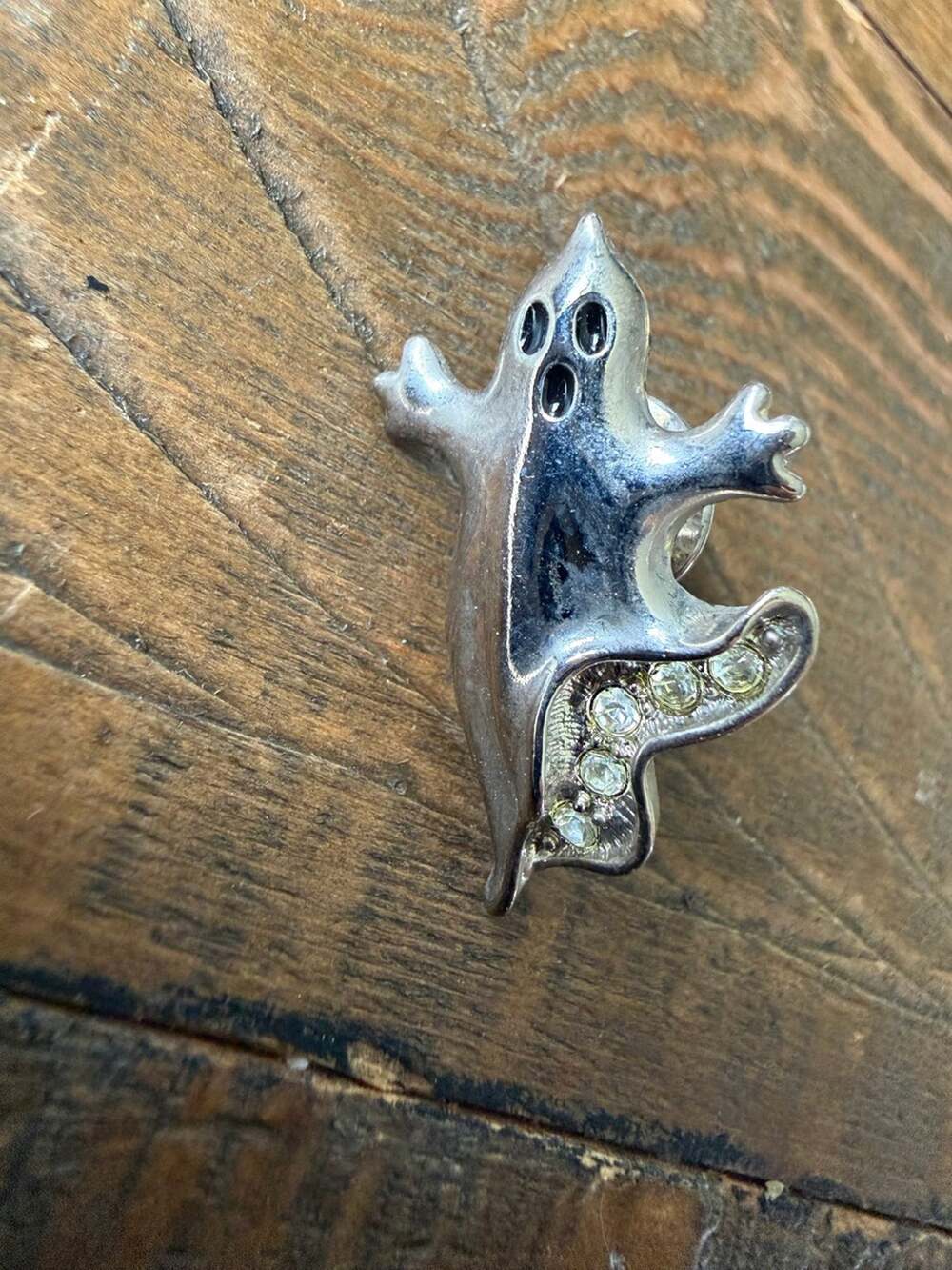 Vintage Silver Tone Rhinestone Ghost Pin Avon